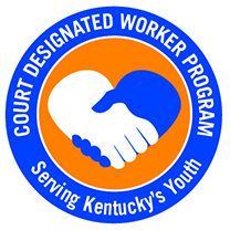 Image of Court Designed Worker Program, a logo featuring two hands shaking against an orange background with a outer blue ring. 