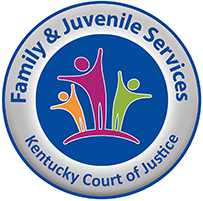 A circular logo for 'Family & Juvenile Services'. A blue background with a silver outer ring containing three human figures. 