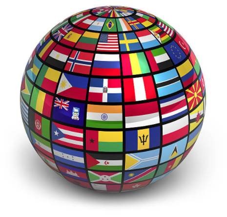 3D-rendered sphere covered in various national flags from around the world, arranged in a grid-like pattern. 