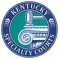 Specialty Court Logo, design features a gavel striking a sound block above an ornate column, symbolizing law and justice. 